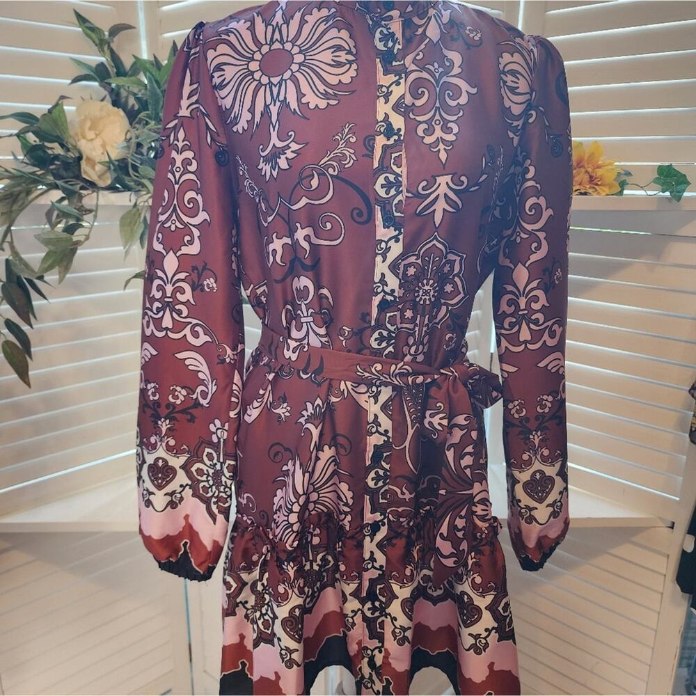 KASIA NEW SILK LIKE GEOMETRIC PEPLUM  TIE FRONT DRESS SIZE SMALL RETAIL $187.00 - Picture 2 of 9